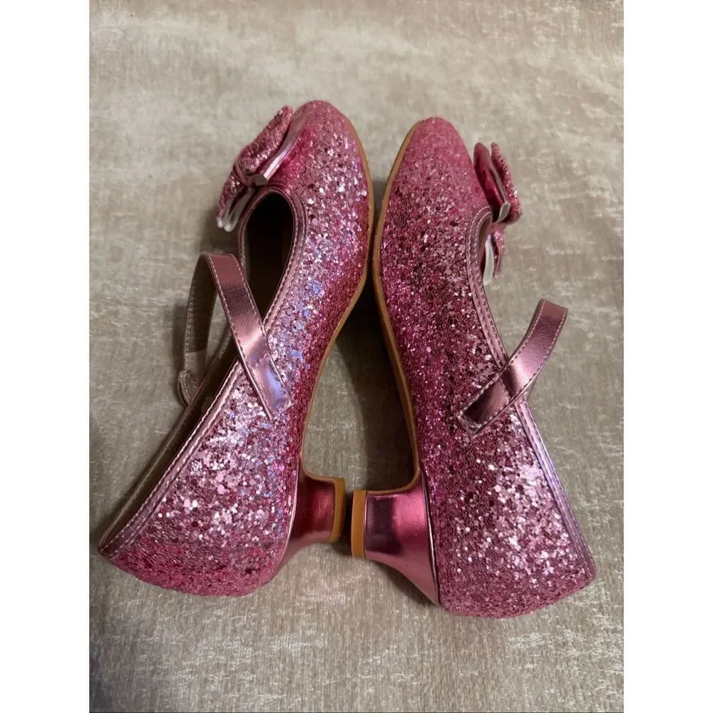 Pandaninja Girls Ruby Glittery Bow Block Heels Mary Jane Dress Shoes Pink Size 5